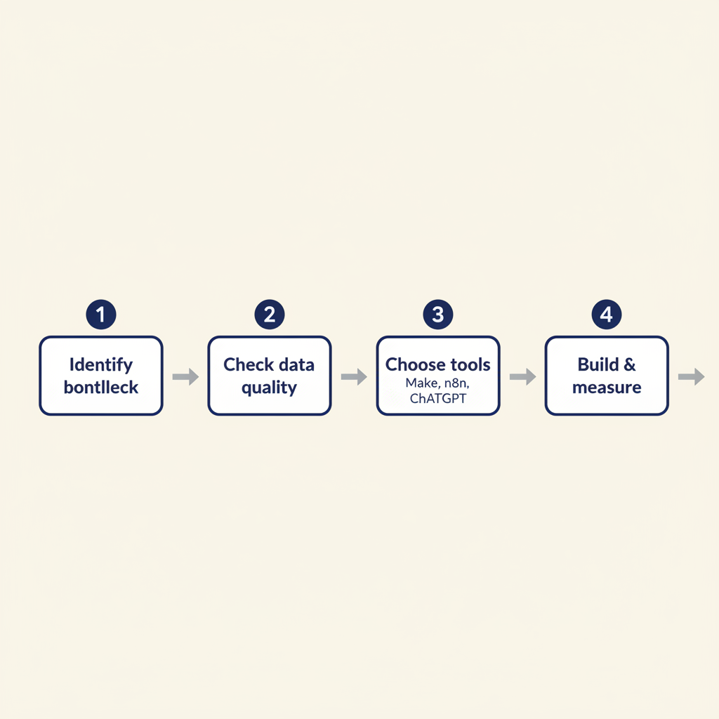 Vier-stappen procesdiagram van AI-implementatie: knelpunt identificeren, data checken, tools kiezen, bouwen en meten