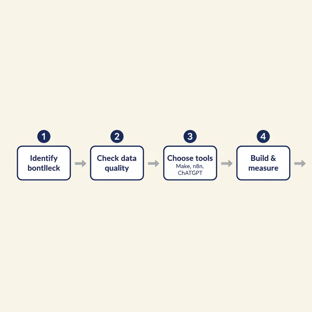 Vier-stappen procesdiagram van AI-implementatie: knelpunt identificeren, data checken, tools kiezen, bouwen en meten