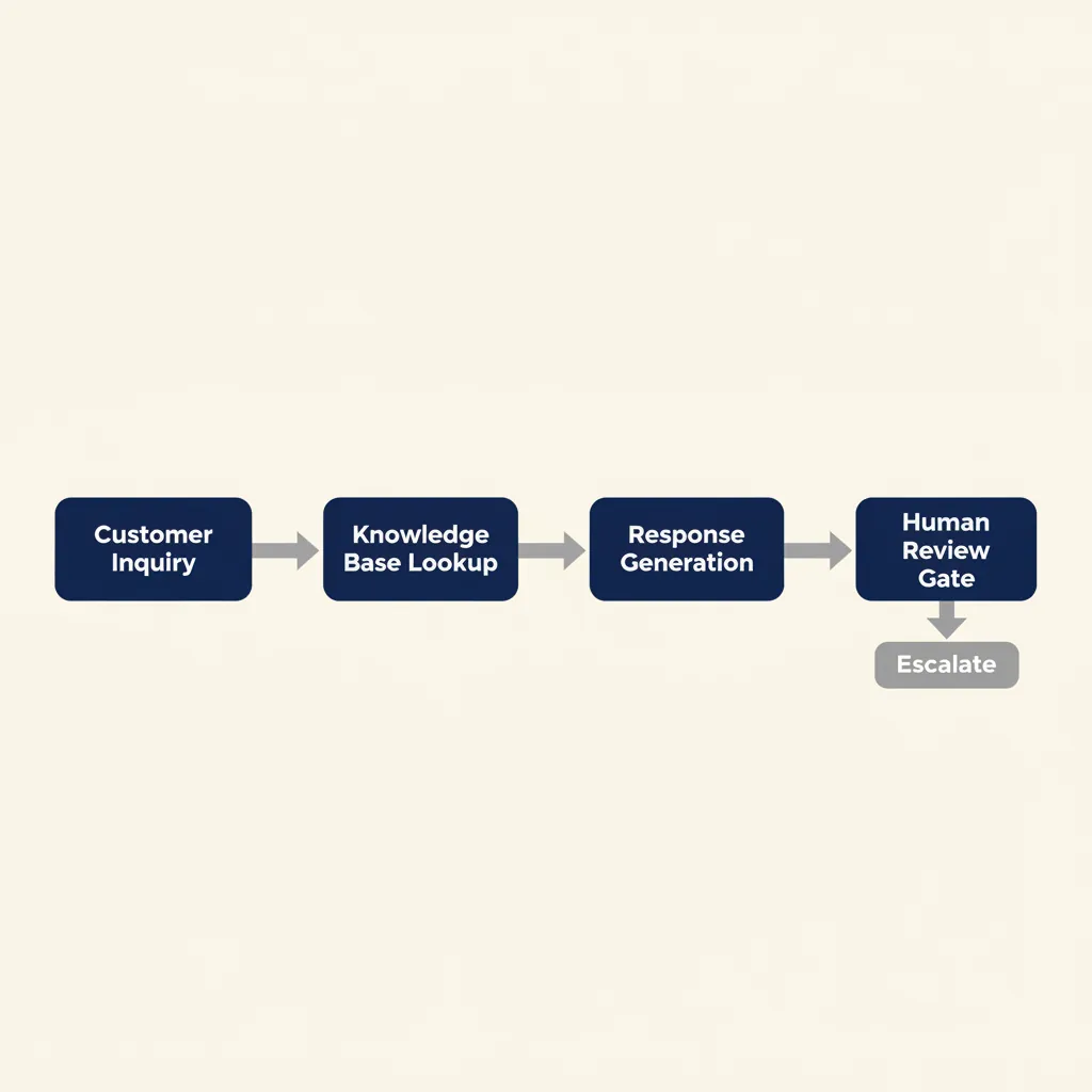 Procesdiagram met vier stappen: klantvraag, opzoeken in kennisbank, antwoord genereren en menselijke controle met escalatiemogelijkheid