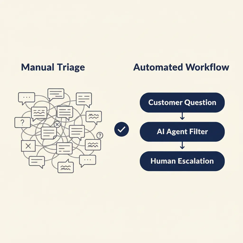 Vergelijking van handmatige klantenservice (rommelig met overlappende berichten) versus geautomatiseerde workflow met AI-agent die vragen filtert en doorverwijst