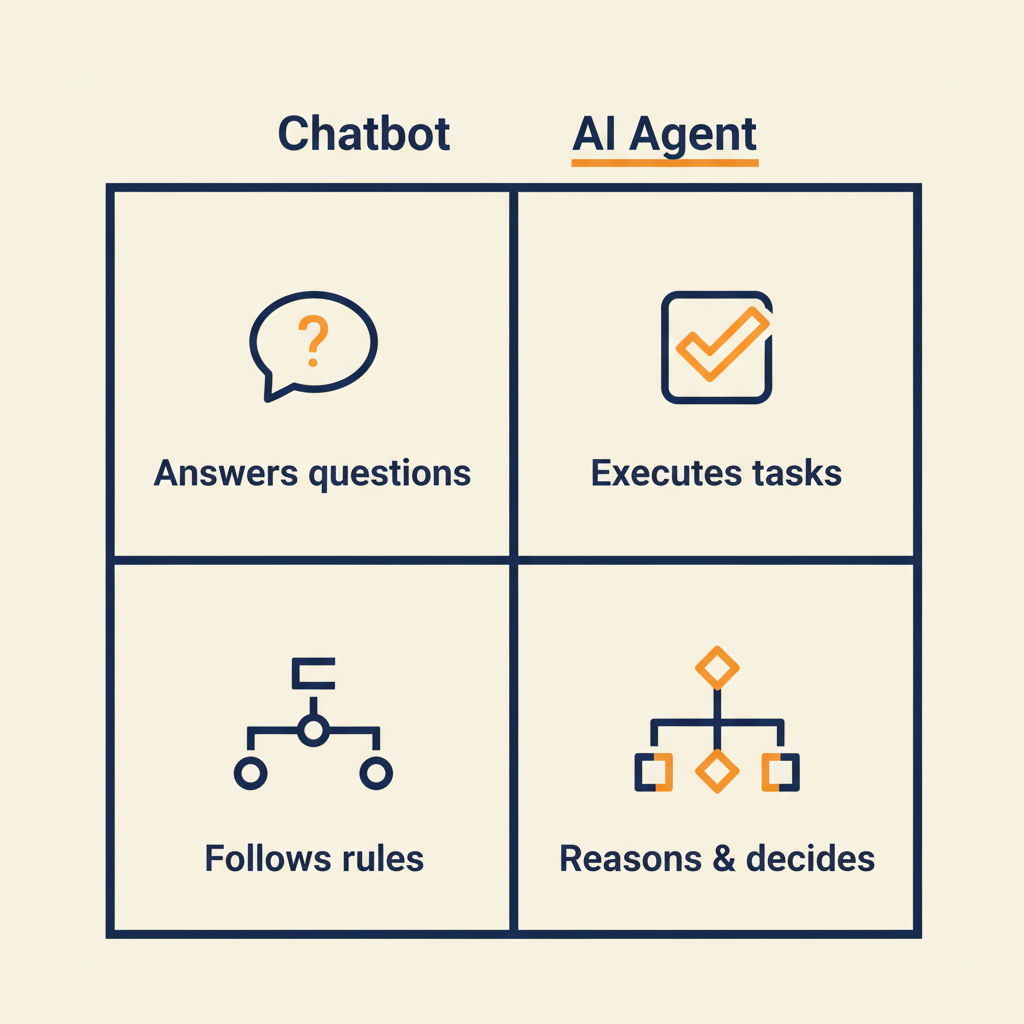 Four-quadrant diagram showing the key differences between chatbots and AI agents