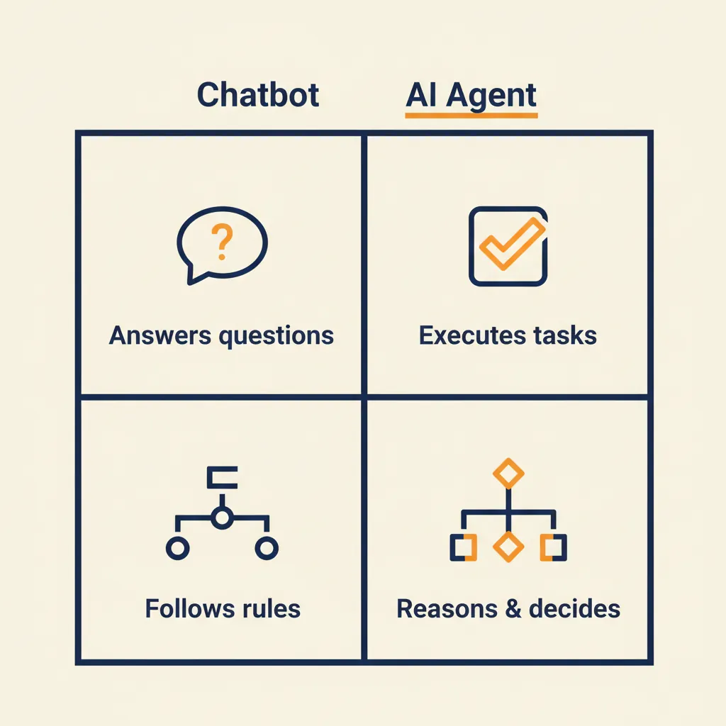 Vier-kwadrantendiagram met de belangrijkste verschillen tussen chatbots en AI-agents