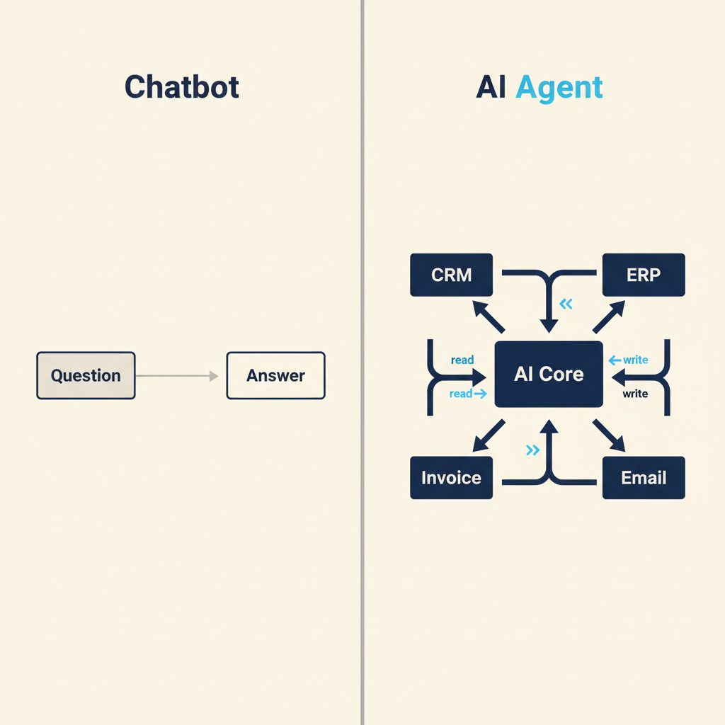 Comparison diagram showing a simple chatbot flow on the left and an AI agent connected to multiple systems on the right
