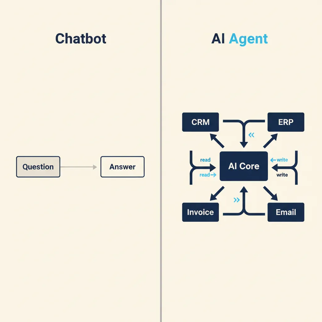 Vergelijkingsdiagram met links een eenvoudige chatbot-flow en rechts een AI-agent die met meerdere systemen communiceert