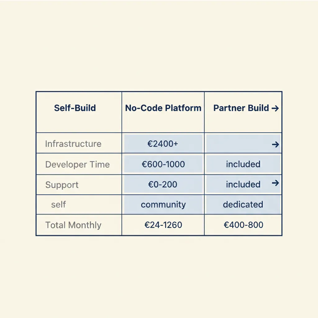 Kostenvergelijking per maand voor drie routes: zelf bouwen (€800-1200), no-code platform (€24-260), of partner (€400-800)