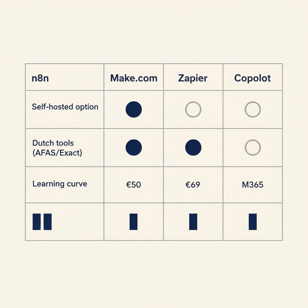 Comparison table of n8n, Make.com, Zapier and Microsoft Copilot based on self-hosting, Dutch tool integrations, price and learning curve