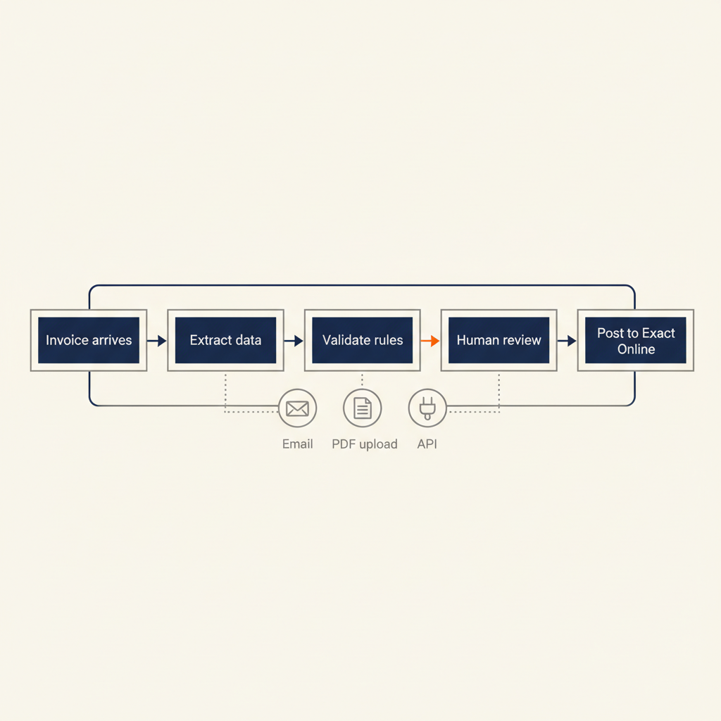 Process diagram of invoice automation: from receipt through extraction and validation to human review and posting in Exact Online
