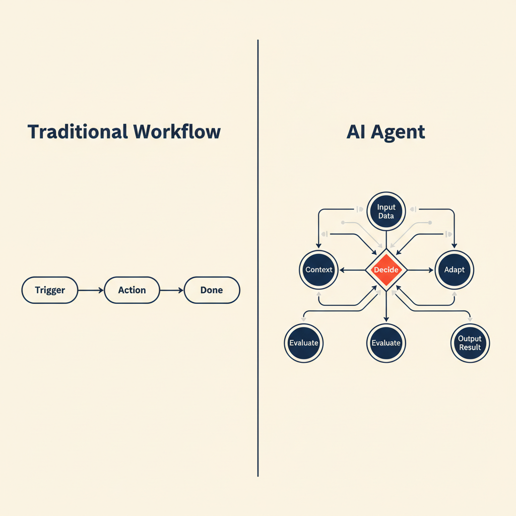 Comparison between traditional workflow automation (linear chain) and AI agents (branching decision tree with feedback loops)