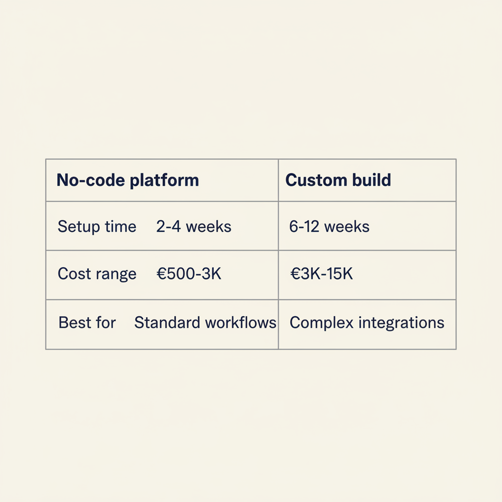 Comparison table showing no-code platforms (2-4 weeks setup, suited for standard workflows) versus custom builds (6-12 weeks, suited for complex integrations).