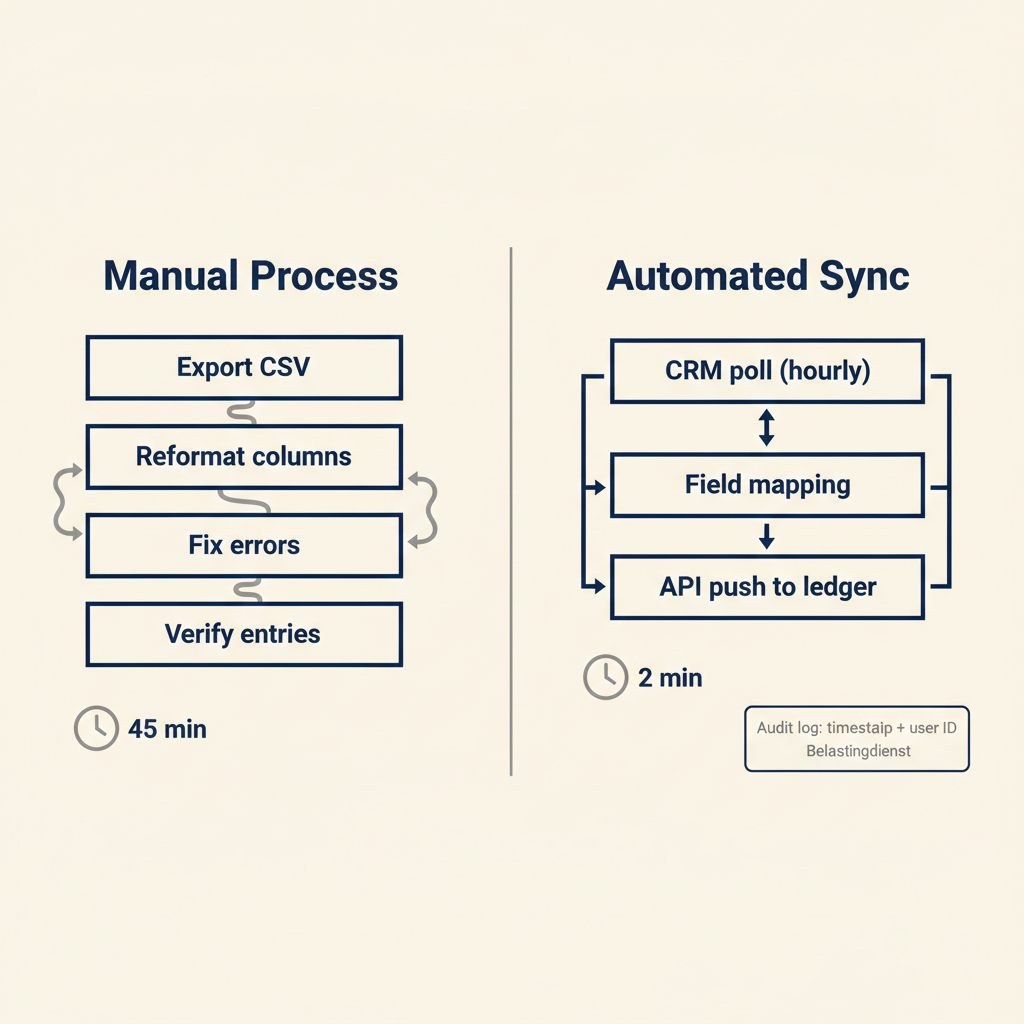 Comparison shows manual data process with six steps versus automated sync with three steps