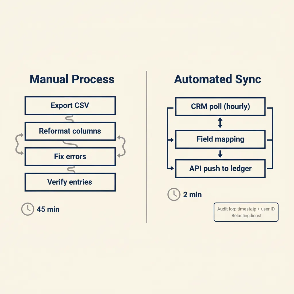 Vergelijking toont handmatig dataproces met zes stappen versus geautomatiseerde sync met drie stappen