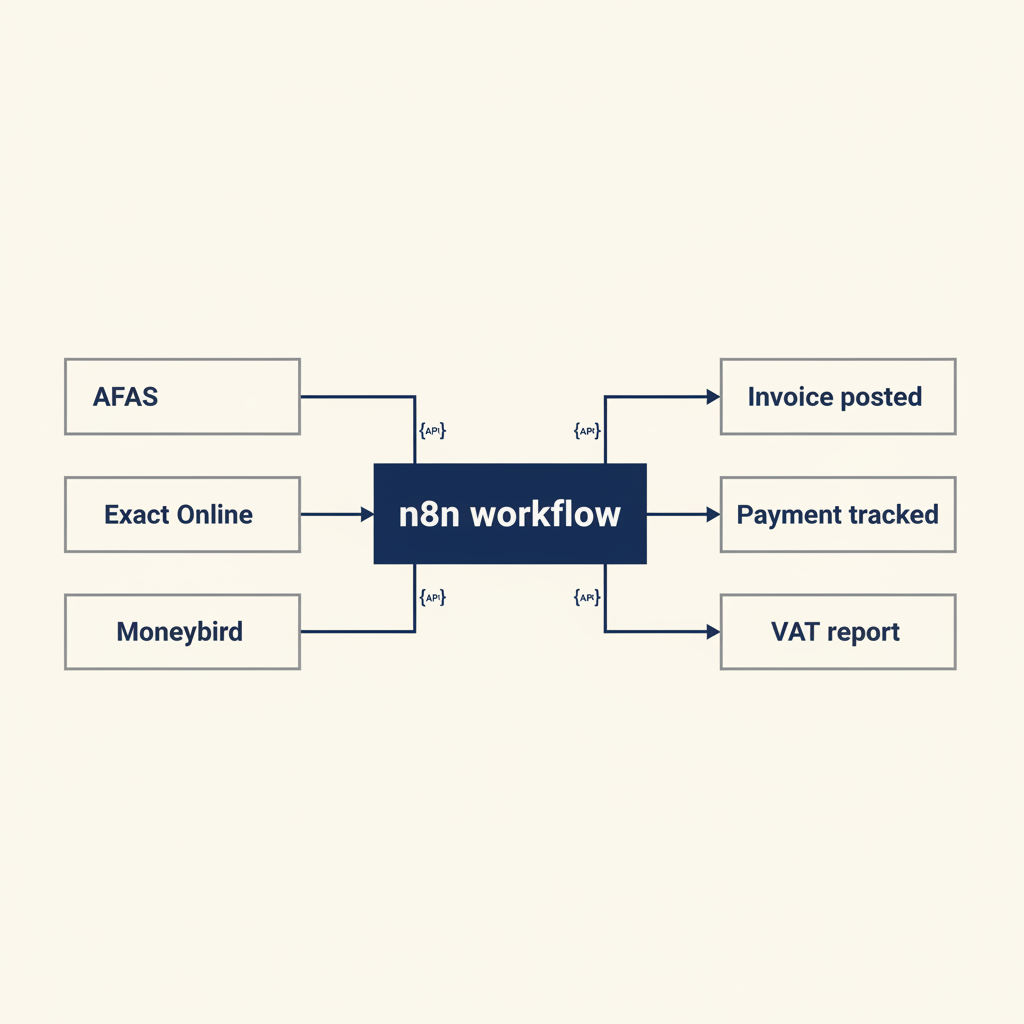 Integration diagram showing how n8n workflows connect AFAS, Exact Online, and Moneybird to automated invoice processing and VAT reporting