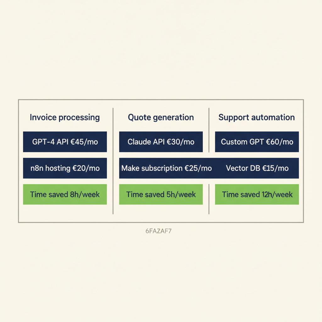 Cost breakdown of three AI applications showing monthly API costs and weekly time savings for invoices, quotes, and customer support
