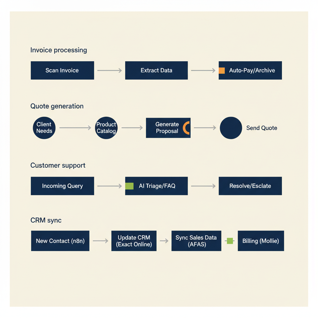 Four horizontal process flows visualizing invoice processing, quote generation, customer support, and CRM sync as automated workflows