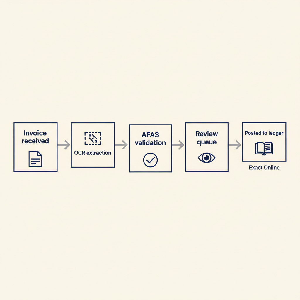 Process diagram showing five steps of invoice processing: receipt, OCR extraction, AFAS validation, review, and posting to Exact Online