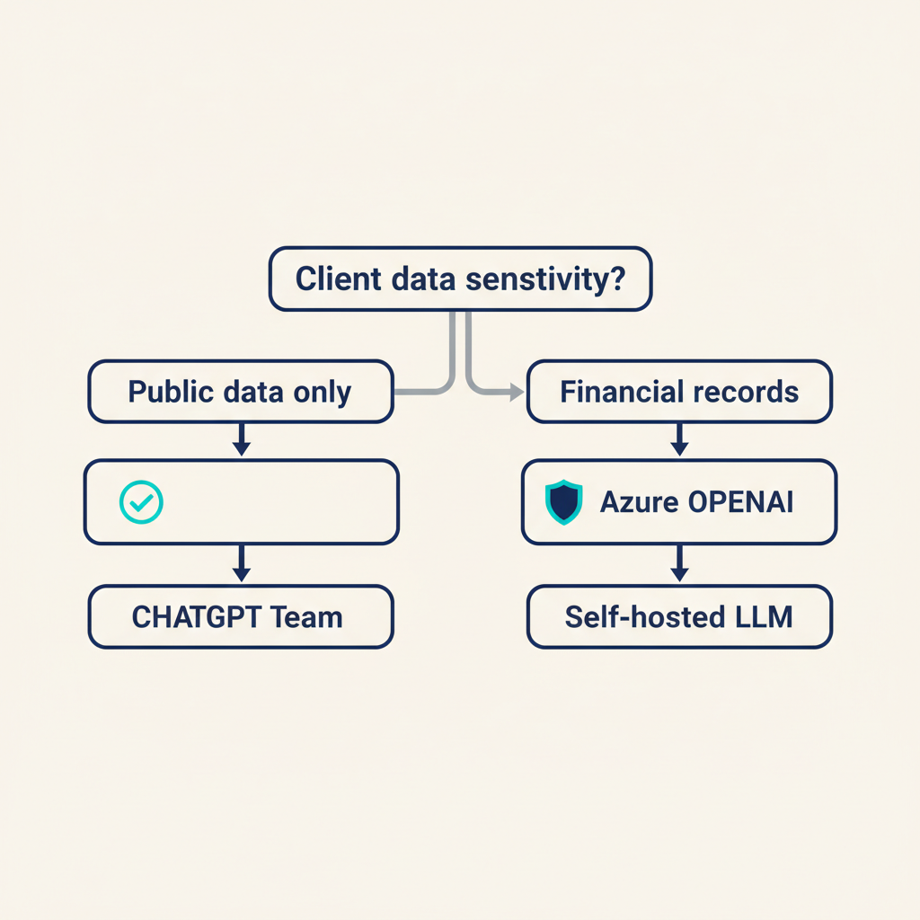 Decision tree for choosing an AI platform based on client data sensitivity: ChatGPT Team for public data, Azure OpenAI or self-hosted LLM for financial records