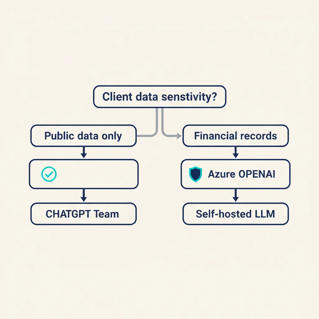 Beslisboom voor het kiezen van een AI-platform op basis van gevoeligheid van klantdata: ChatGPT Team voor publieke data, Azure OpenAI of zelf-gehoste LLM voor financiële gegevens