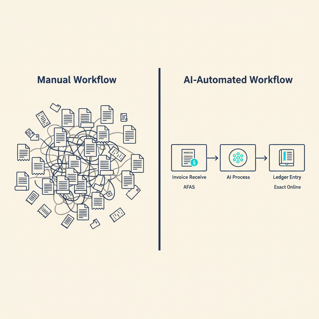 Comparison between manual and automated accounting workflow, showing chaotic document processing on left and clean AI-driven flow via AFAS and Exact Online on right