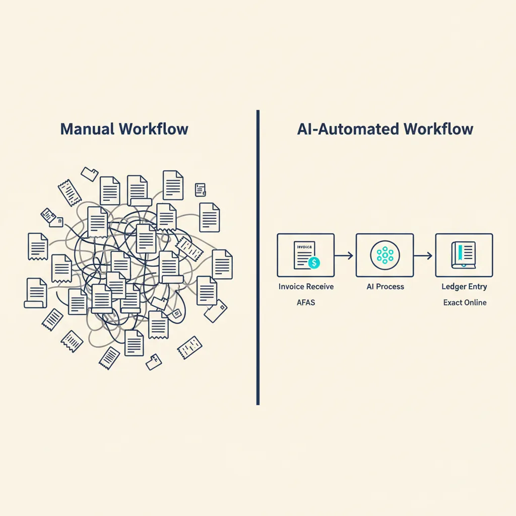 Vergelijking tussen handmatige en geautomatiseerde accountancy-workflow, met links chaotische documentverwerking en rechts een strakke AI-gestuurde flow via AFAS en Exact Online