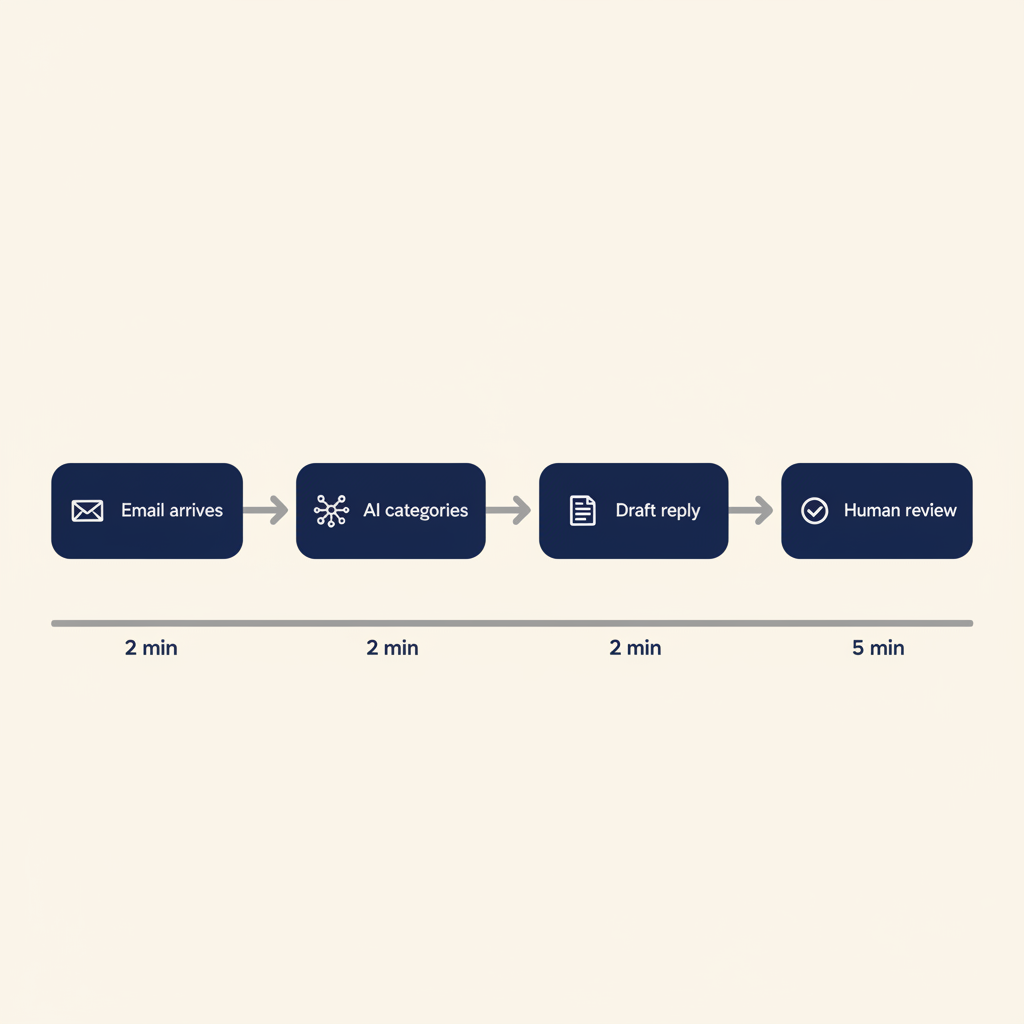 Process diagram showing four steps of email automation: arrival, AI categorization, draft reply, and human review