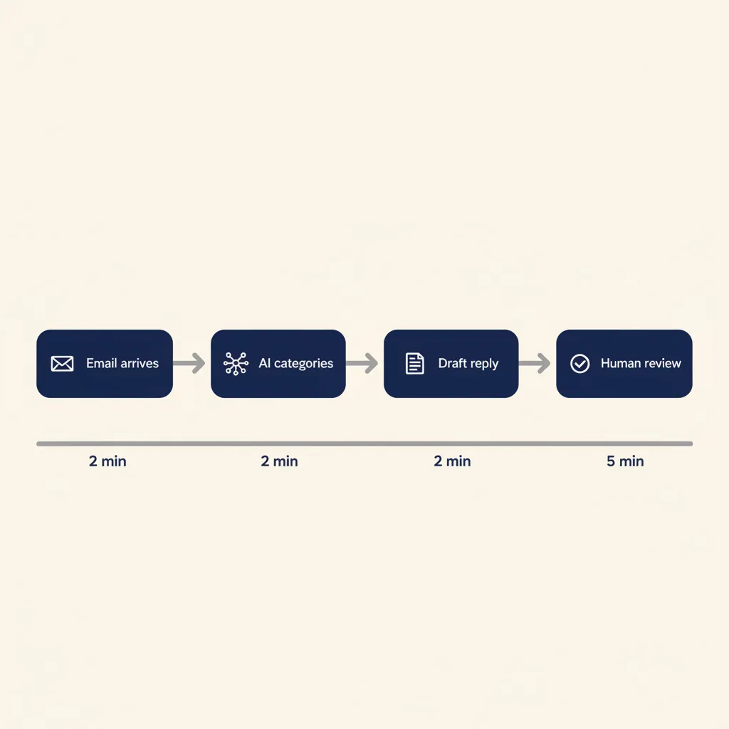 Procesdiagram met vier stappen voor e-mail automatisering: ontvangst, AI-categorisatie, conceptantwoord en menselijke review