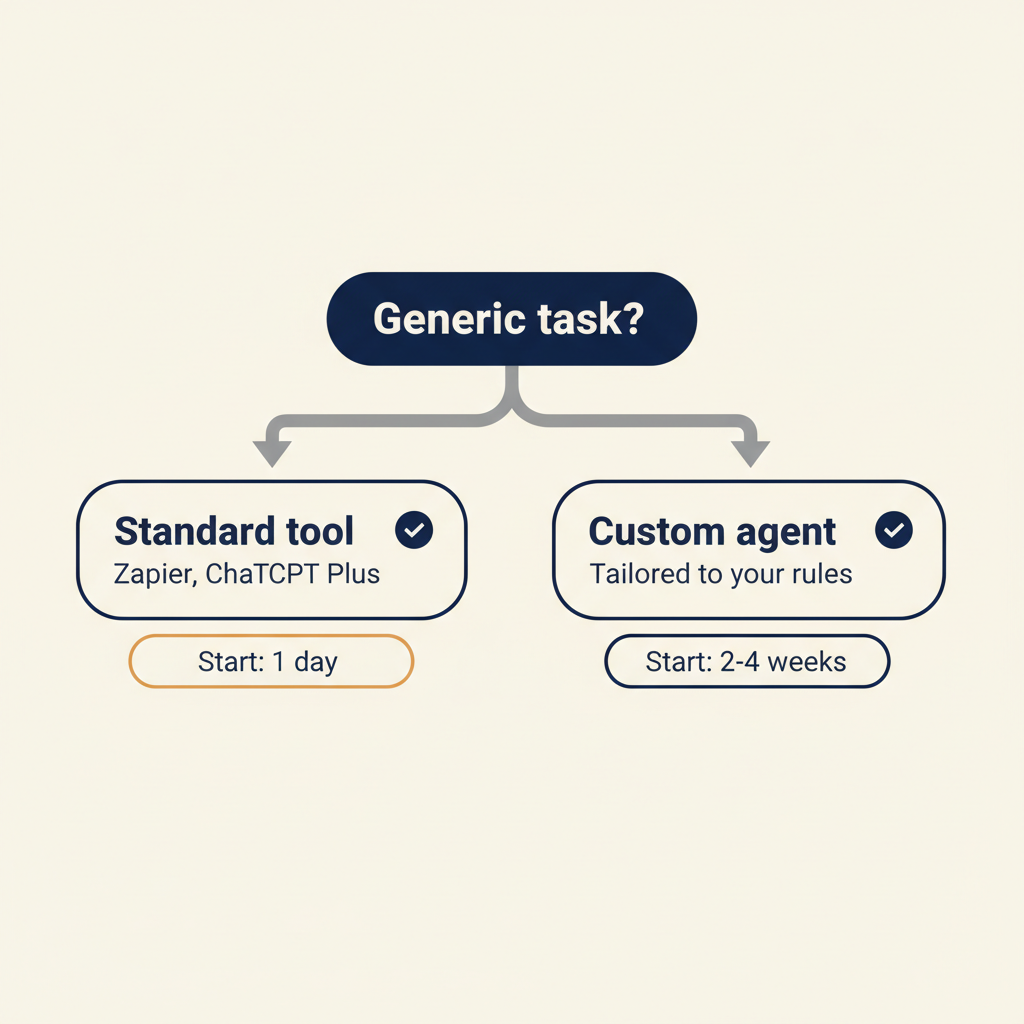 Decision tree showing when to choose a standard AI tool versus a custom AI agent based on task specificity