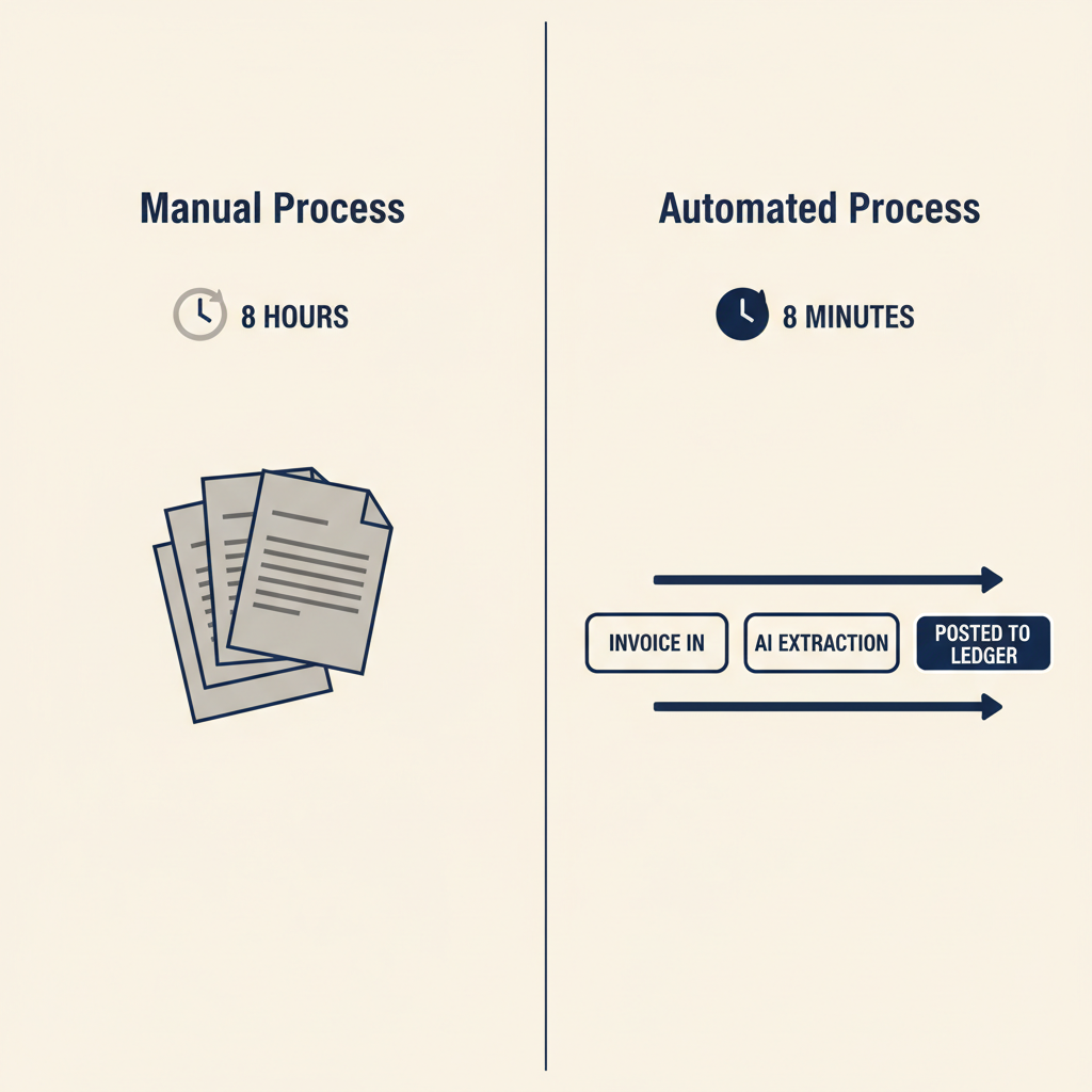 Comparison diagram contrasting an 8-hour manual process with an 8-minute automated AI process for invoice handling