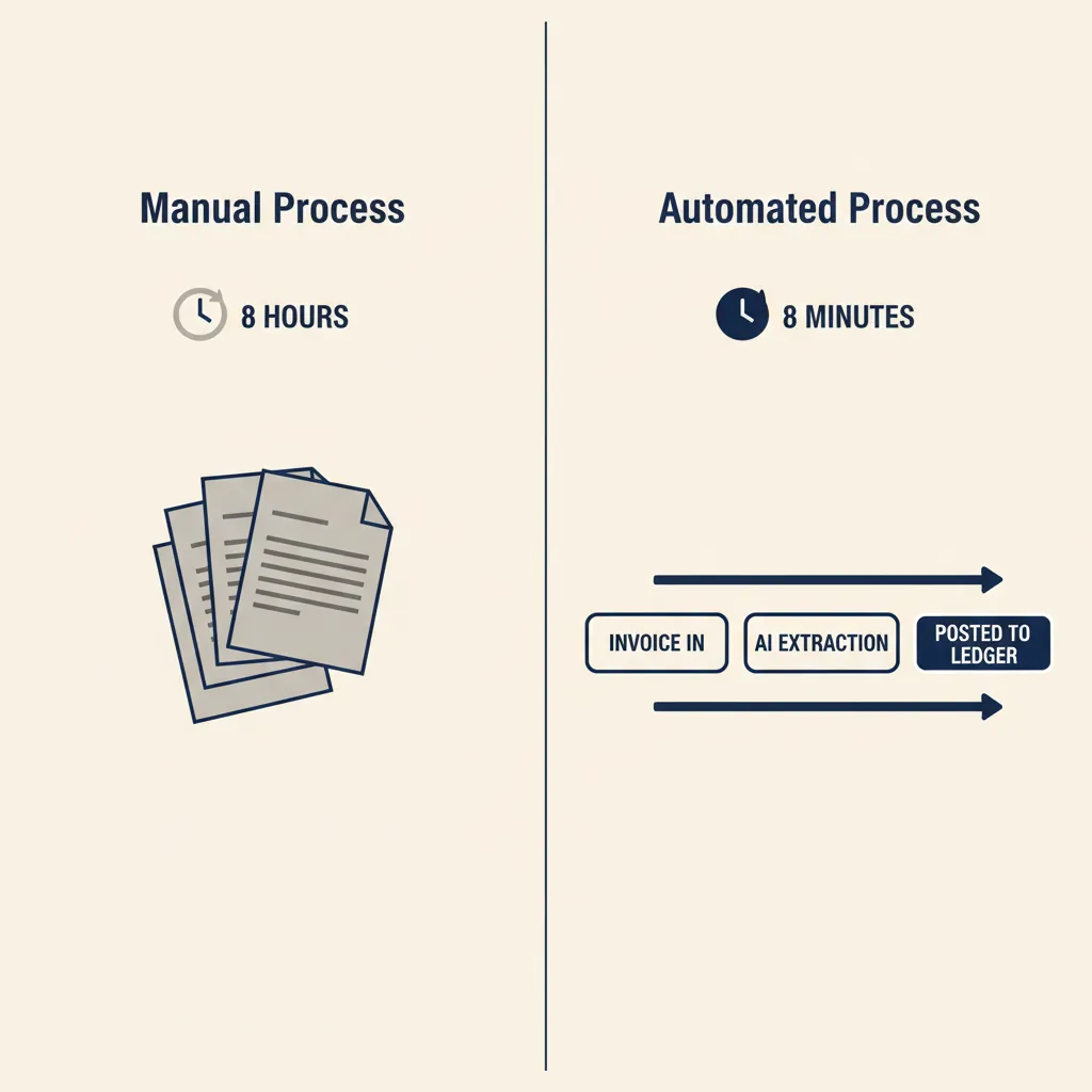 Vergelijkingsdiagram dat een handmatig proces van 8 uur contrasteert met een geautomatiseerd AI-proces van 8 minuten voor facturenverwerking