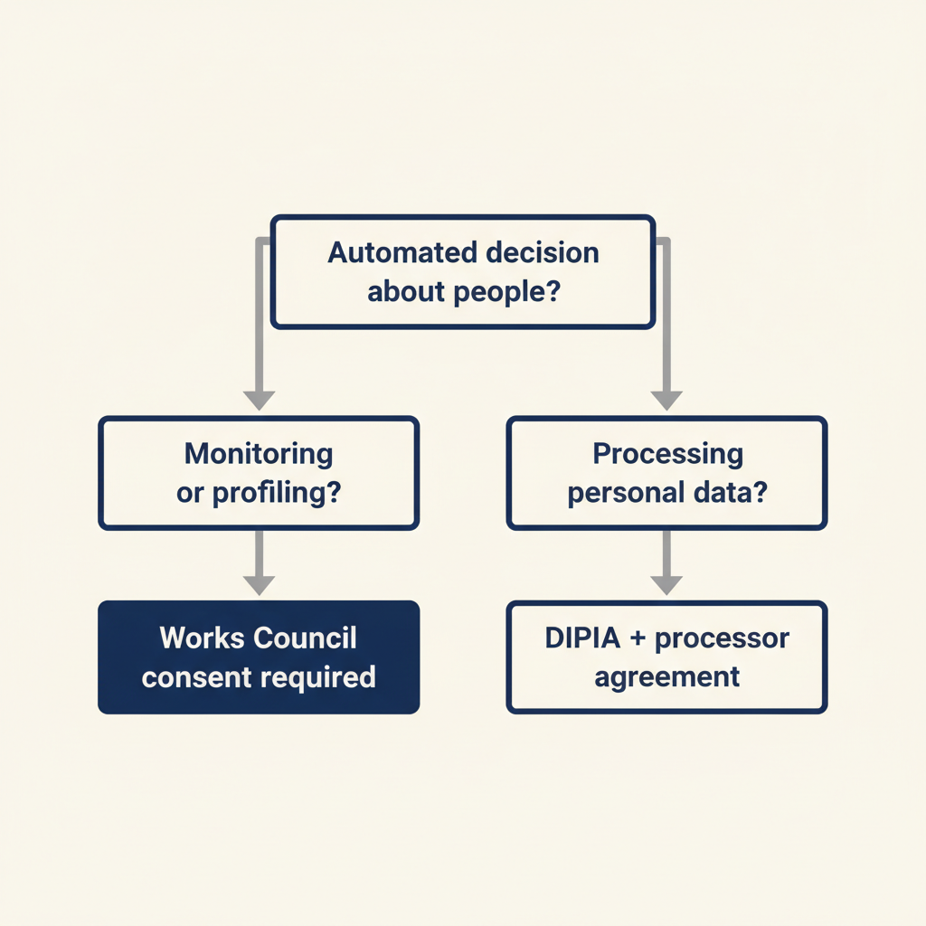 Beslisboom die laat zien wanneer Ondernemingsraad-toestemming of DPIA vereist is bij HR-automatisering