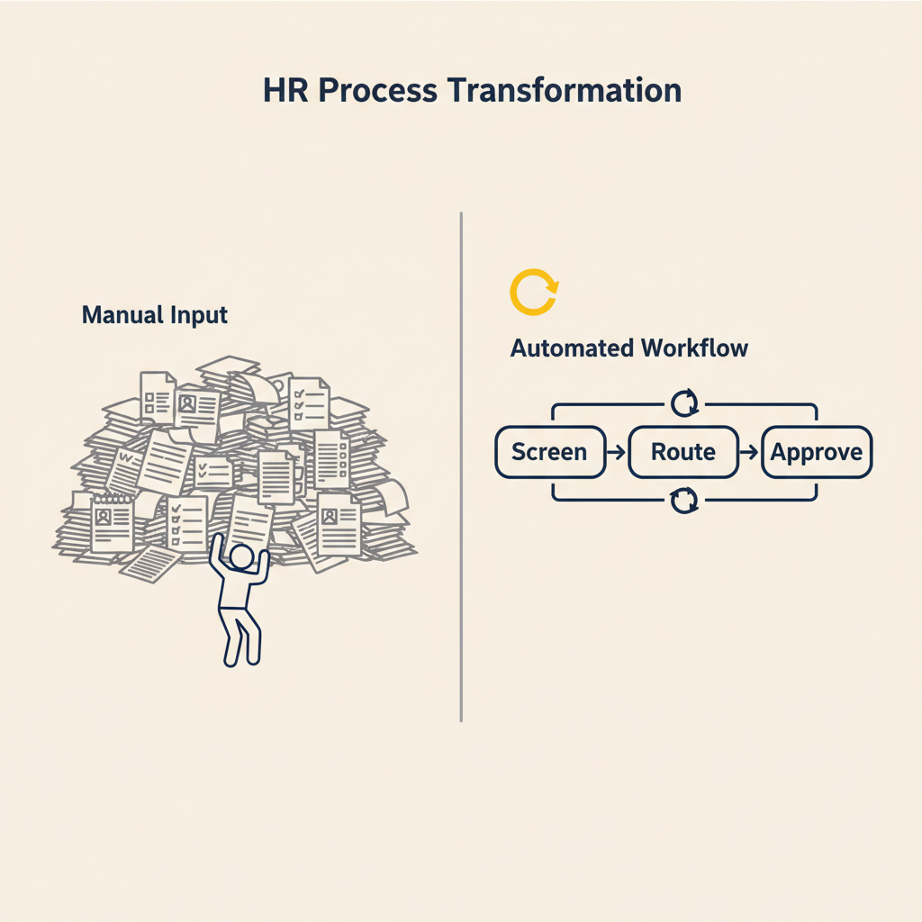 Gesplitste weergave van HR-workflow: links stapel handmatige documenten, rechts gestroomlijnd automatiseringsproces met drie stappen