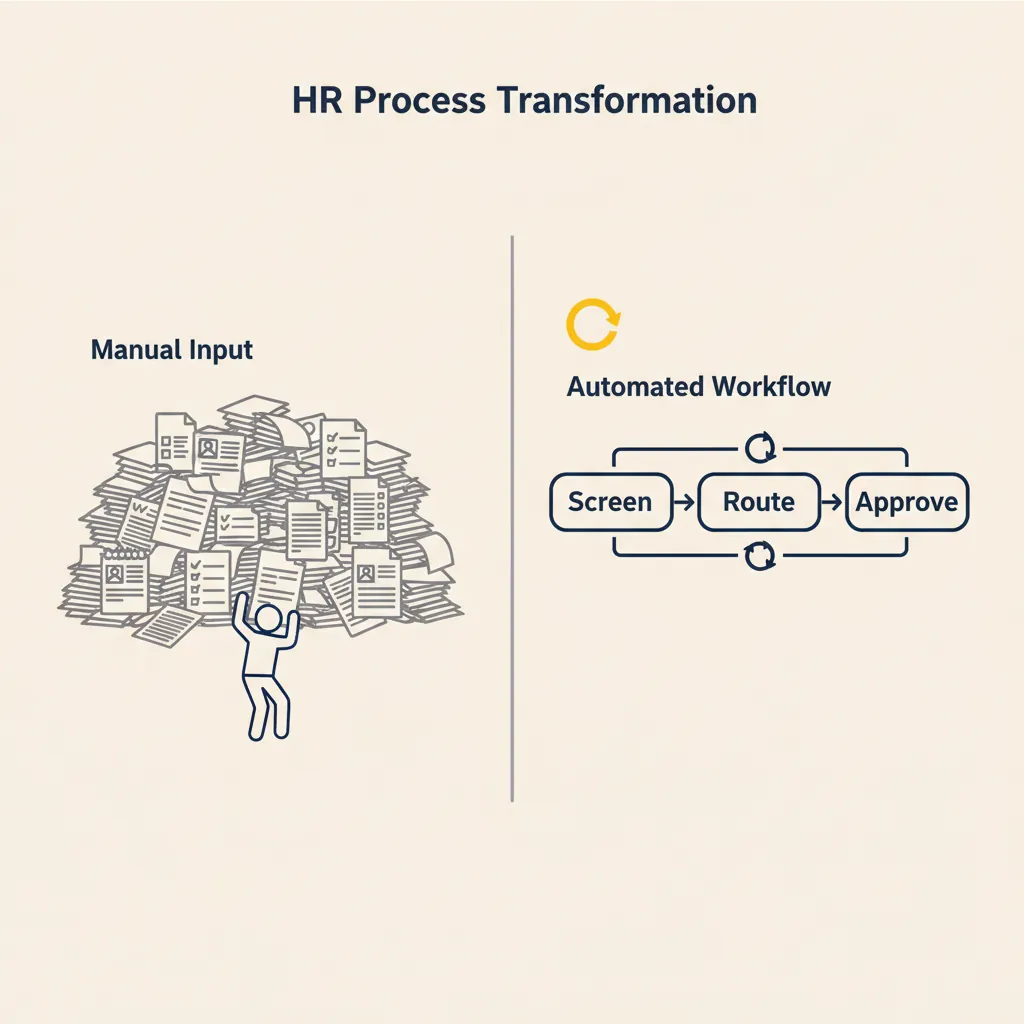 Gesplitste weergave van HR-workflow: links stapel handmatige documenten, rechts gestroomlijnd automatiseringsproces met drie stappen