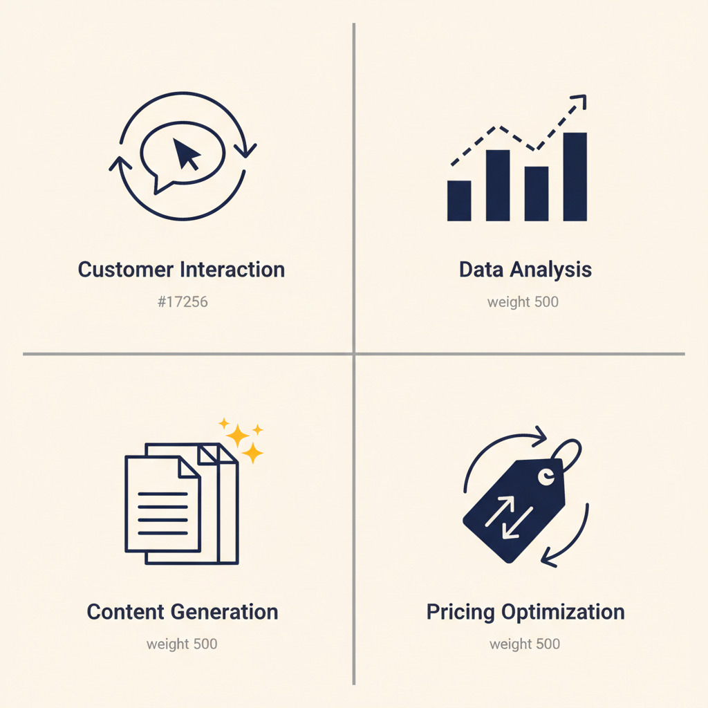 Four-quadrant diagram showing AI applications for webshops: customer interaction, data analysis, content generation, and pricing optimization