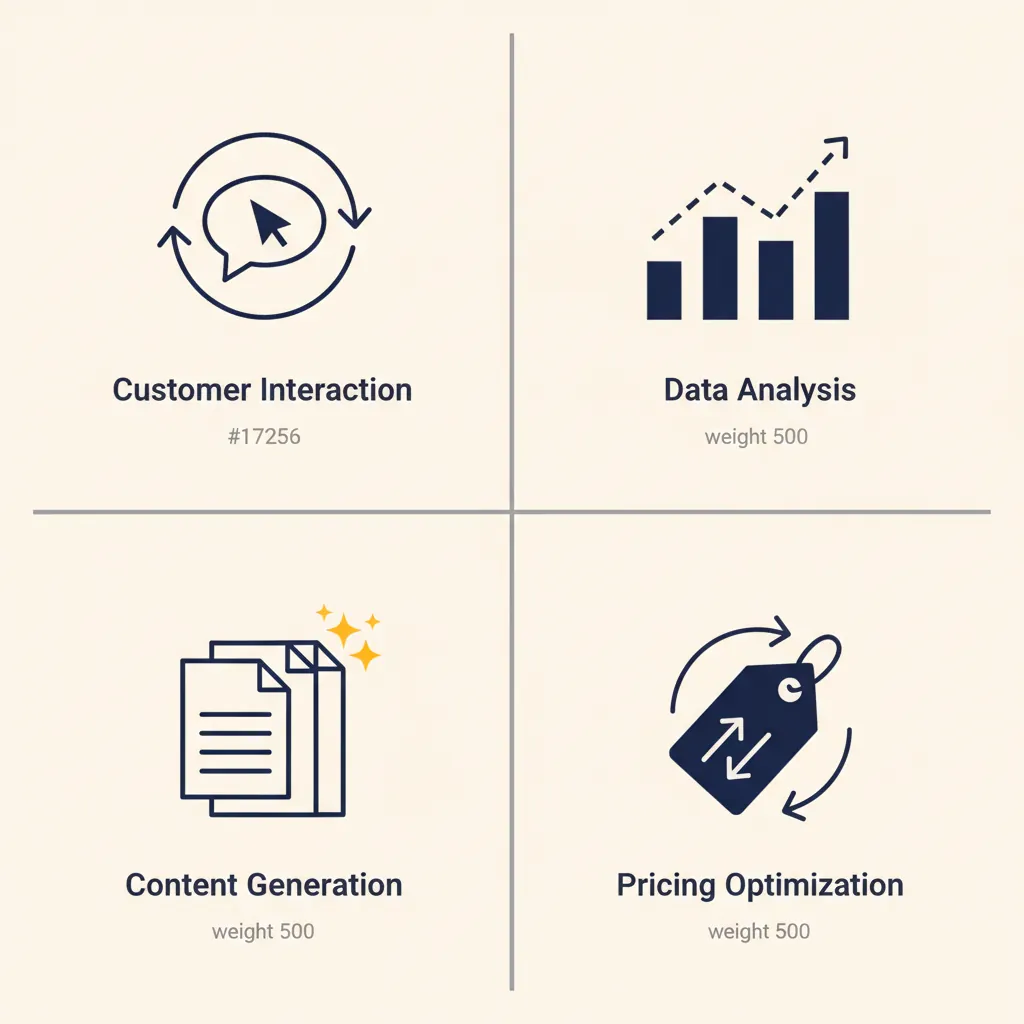 Vier-kwadrantendiagram met AI-toepassingen voor webshops: klantinteractie, data-analyse, contentgeneratie en prijsoptimalisatie
