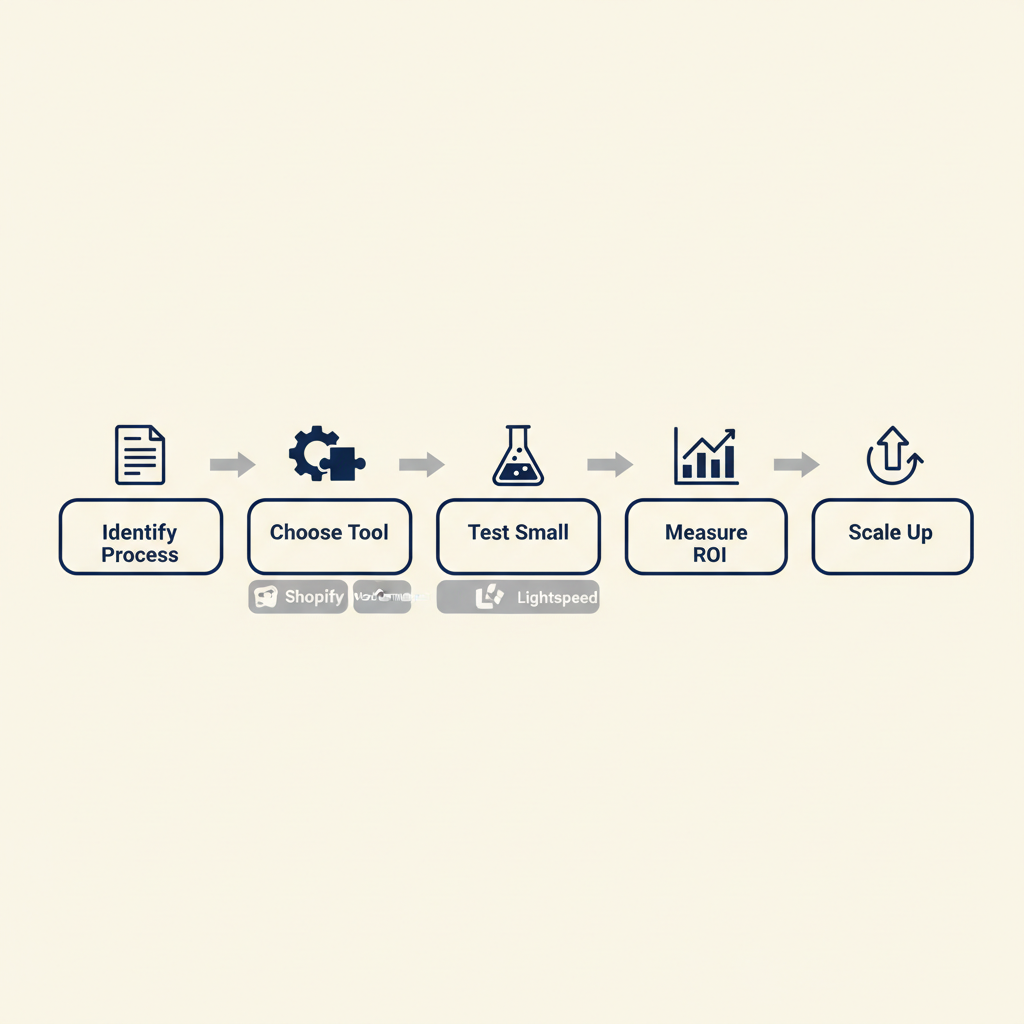 Five-step process diagram for AI implementation: identify process, choose tool, test small, measure ROI, scale up