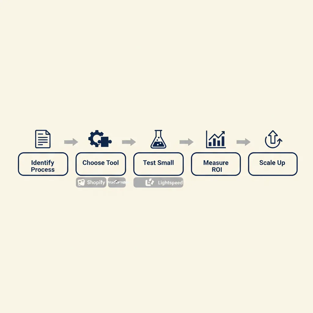 Vijf-stappen procesdiagram voor AI-implementatie: proces identificeren, tool kiezen, klein testen, ROI meten, opschalen