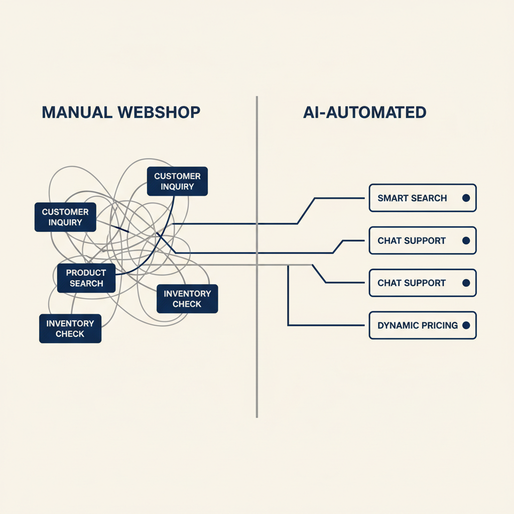 Comparison diagram of manual webshop processes with tangled lines versus AI-automated processes with straight, organized flows
