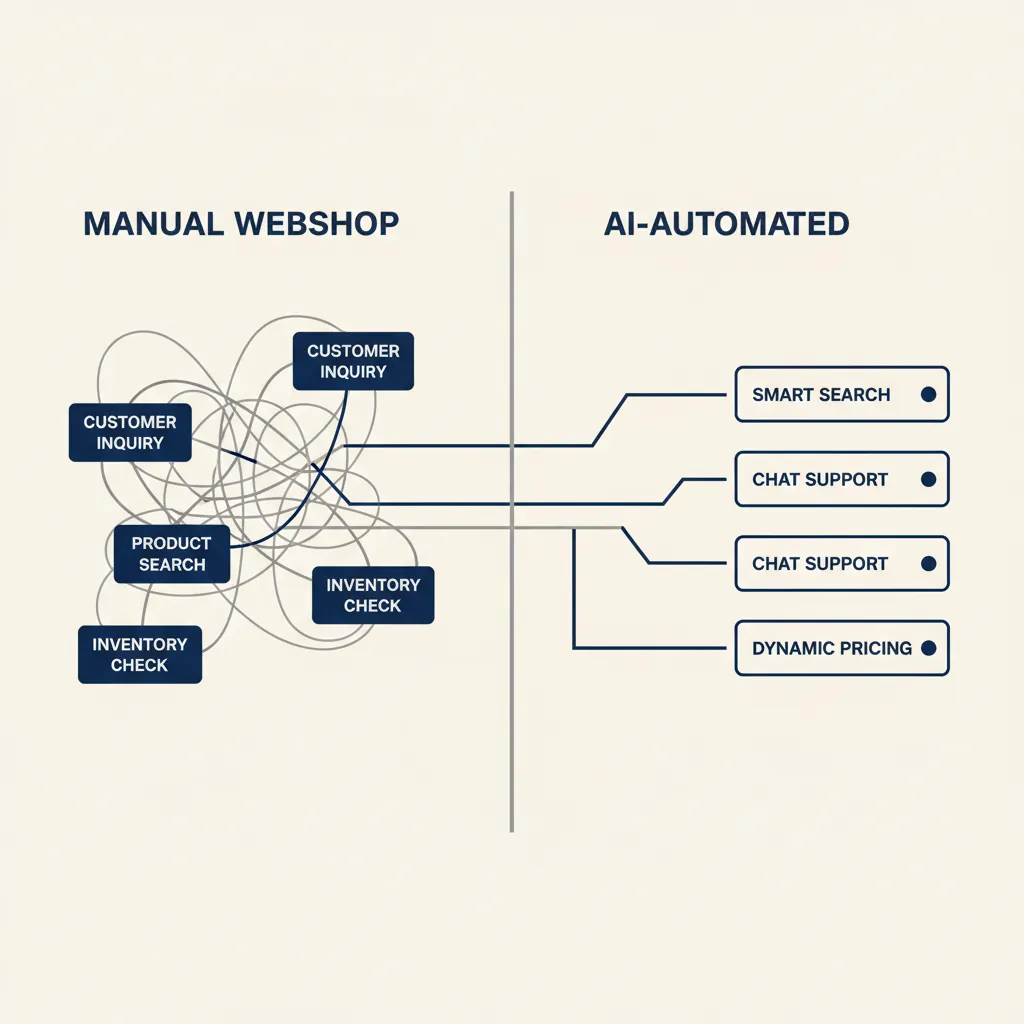 Vergelijkingsdiagram van handmatige webshop-processen met verwarde lijnen versus geautomatiseerde AI-processen met rechte, georganiseerde stromen