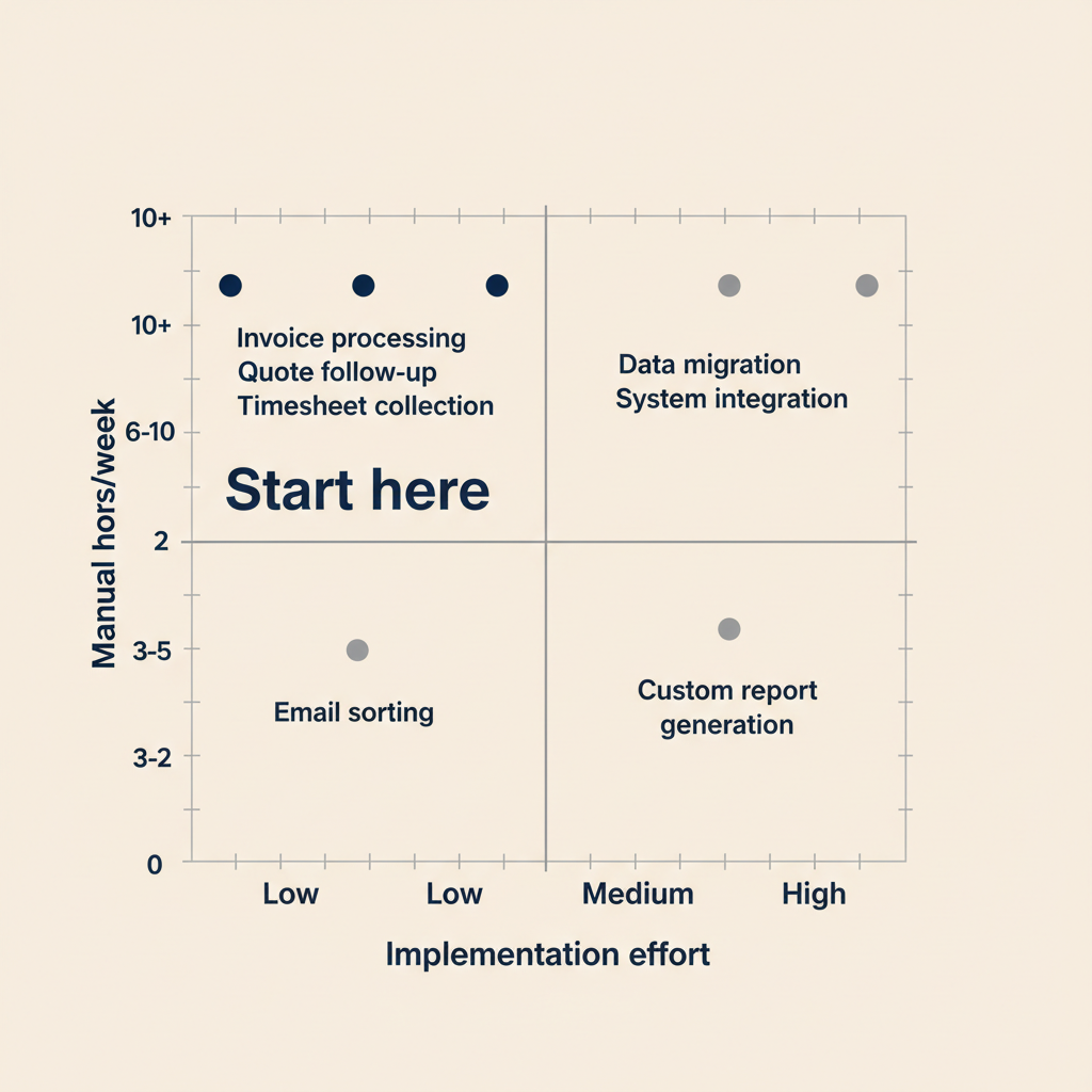 Decision matrix showing manual hours per week versus implementation effort, with three processes marked in the 'start here' quadrant