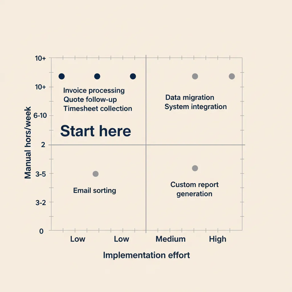 Beslismatrix met handmatige uren per week versus implementatie-inspanning, met drie processen gemarkeerd in het kwadrant 'begin hier'