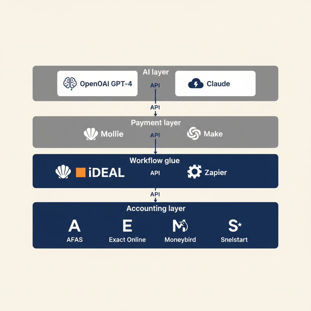 Layered architecture with four tiers: accounting layer (AFAS, Exact Online), payment layer (Mollie), workflow layer (n8n, Make), and AI layer (GPT, Claude), connected via APIs