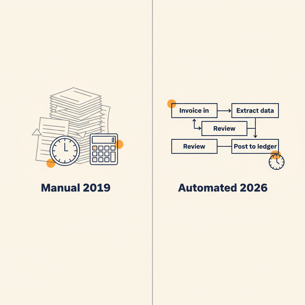 Comparison between manual invoice processing in 2019 (paper stack, calculator) and automated workflow in 2026 (clean flow diagram with four steps)