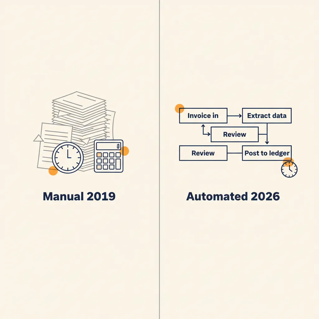 Vergelijking tussen handmatige factuurverwerking in 2019 (stapel papieren, rekenmachine) en geautomatiseerde workflow in 2026 (strak stroomdiagram met vier stappen)