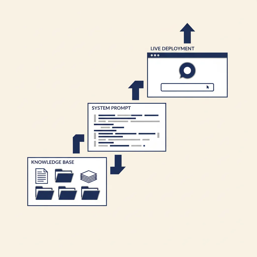 Diagram met drie gestapelde kaarten die de stappen tonen van kennisbank naar systeemprompt naar live deployment van een custom GPT