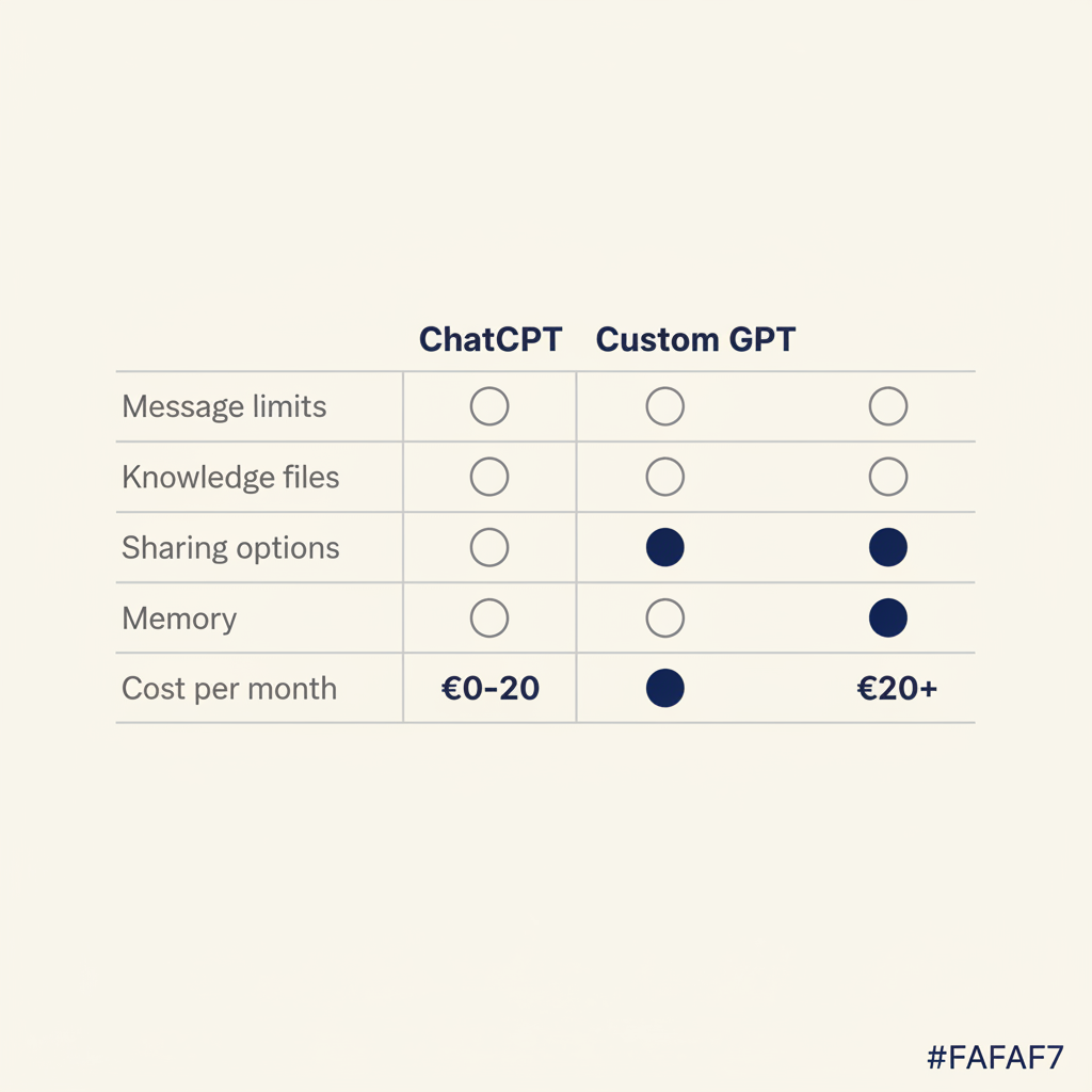 Vergelijkingstabel met vijf functies van ChatGPT versus Custom GPT, met gevulde cirkels voor beschikbare opties