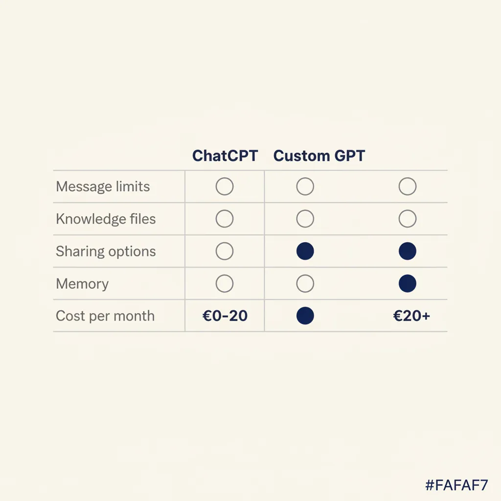 Vergelijkingstabel met vijf functies van ChatGPT versus Custom GPT, met gevulde cirkels voor beschikbare opties