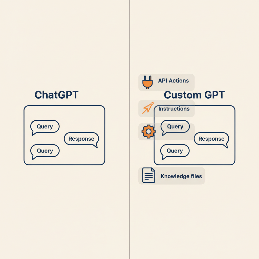 Vergelijkingsdiagram van ChatGPT en Custom GPT interfaces, waarbij Custom GPT extra lagen toont voor kennisbestanden, instructies en API-acties