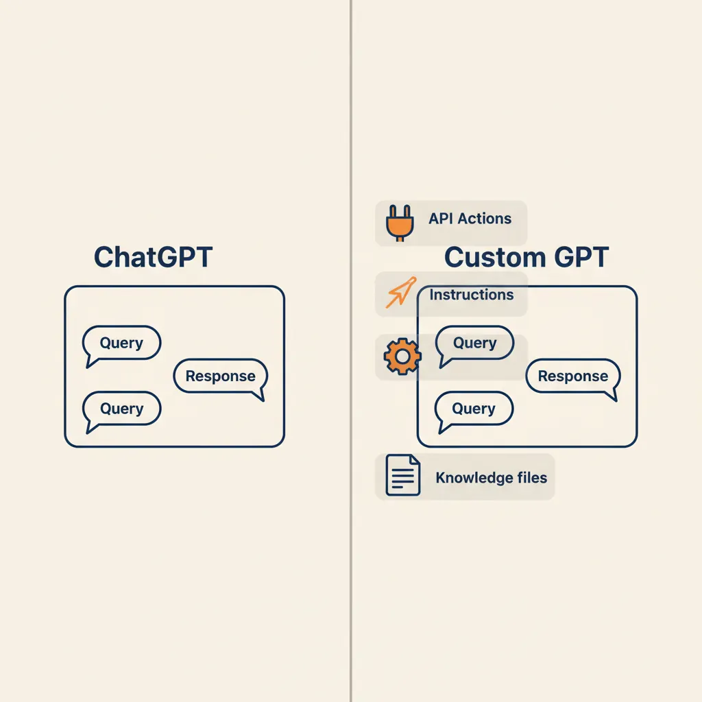 Vergelijkingsdiagram van ChatGPT en Custom GPT interfaces, waarbij Custom GPT extra lagen toont voor kennisbestanden, instructies en API-acties
