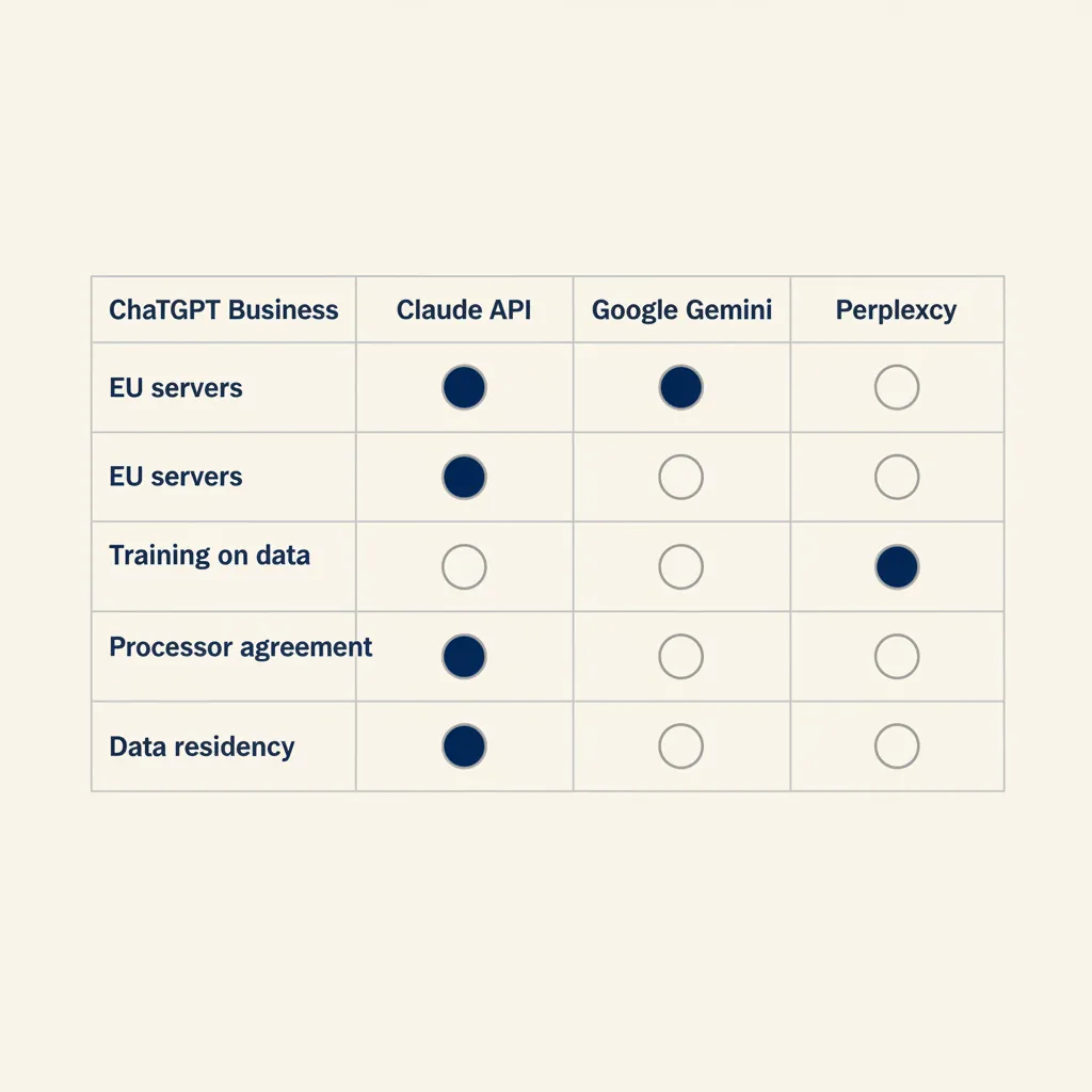 Vergelijkingstabel van vier AI-tools op AVG-criteria zoals EU-servers, training op data en verwerkersovereenkomst