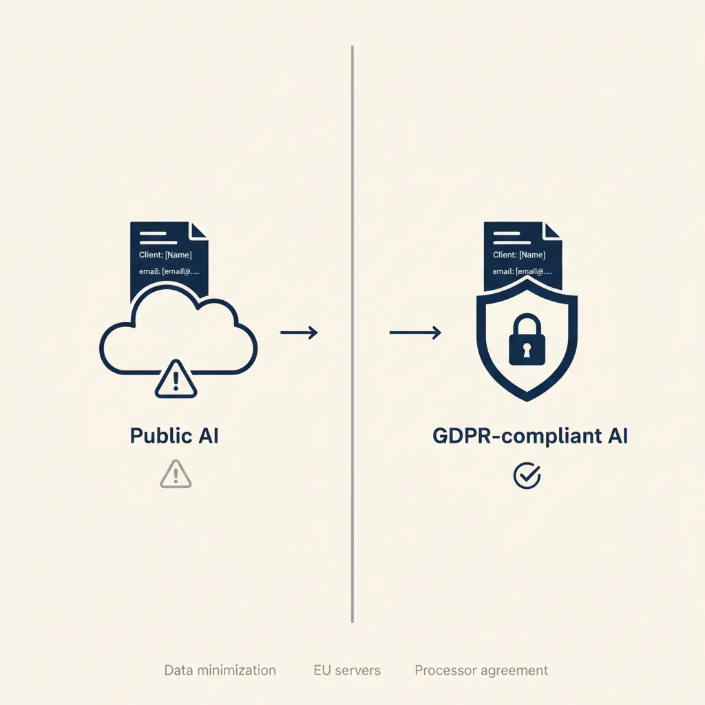 Split-screen diagram met links onbeveiligde dataflow naar publieke AI en rechts beveiligde flow naar AVG-conforme AI met schild-icoon