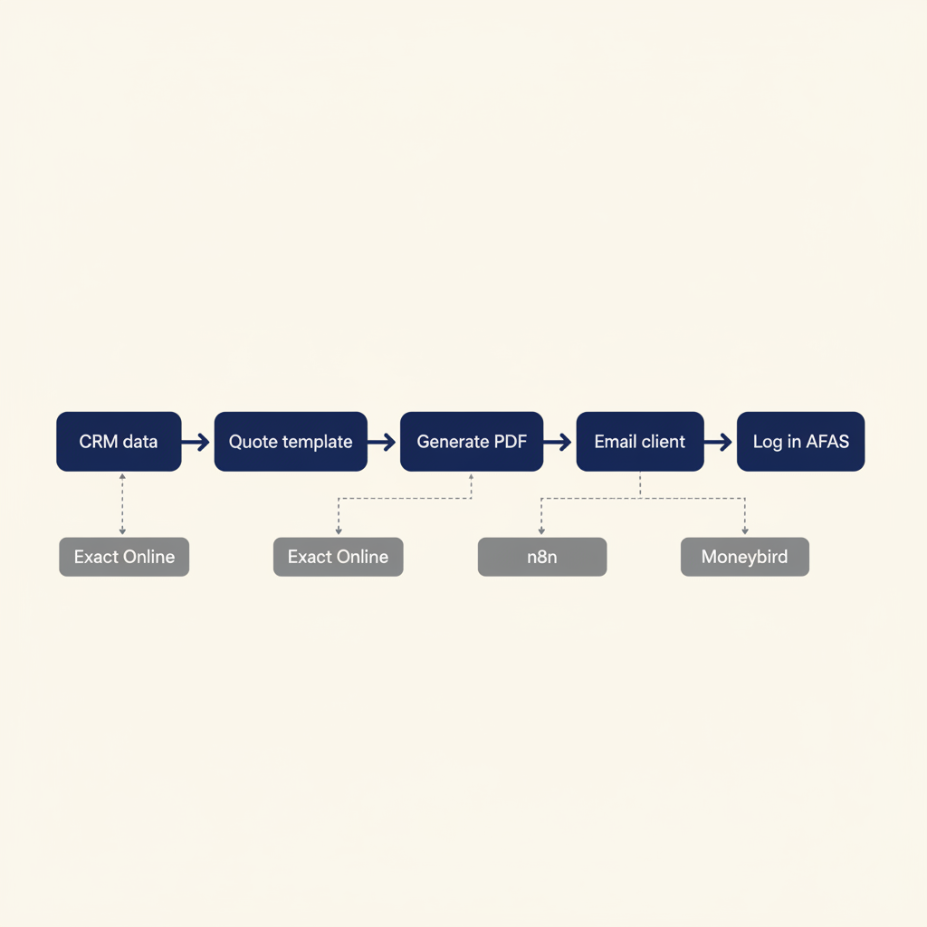 Process diagram of automated quote generation: from CRM data through template and PDF generation to client email and AFAS logging